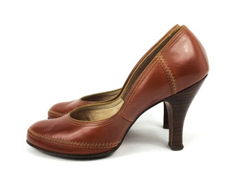 Vintage 40s 50s Brown Leather Heels Stitching Design Pumps Sz 7