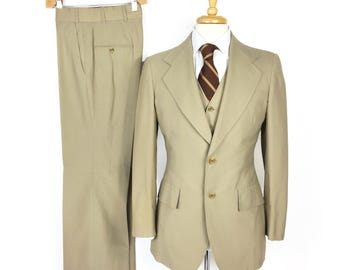 Vintage 70s Southwick Tan 3-Piece Suit Pants Vest Jacket Paisley Lining Sz 39-40