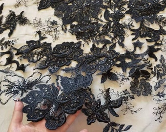 Black Lace Fabric, high quality embroidered lace fabric, vintage floral style bridal lace fabric by the yard