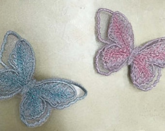 one 3D blue butterfly, 3D pink Lace butterfly,  bridal headband accessory, crafting Lace appliques patches