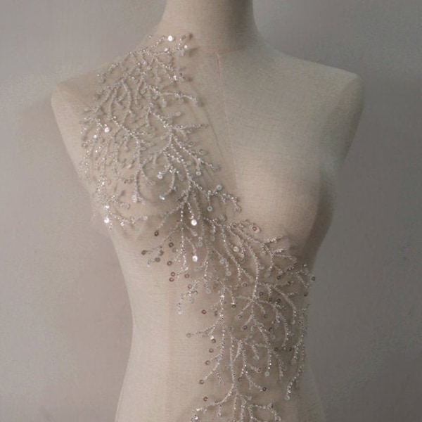 applique en dentelle perlée de champagne léger, tissu de dentelle brodé de perles d’argent pour la robe de mariée, fournitures de couture de costume