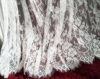 3 Meters x 1.5 M eyelash lace fabric, ivory white Chantilly lace fabric, french bridal lace fabric, wedding gown lace