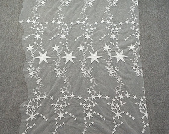 ivory stars lace fabric, embroidered star bridal fabric by the yard, Super Luxury Wedding Bridal Gown Dress lace fabric