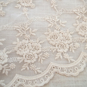 ivory embroidered mesh lace trimming, embroidery floral lace, vintage scollaped trim lace, antique gauze lace fabric, 9.4 inches wide