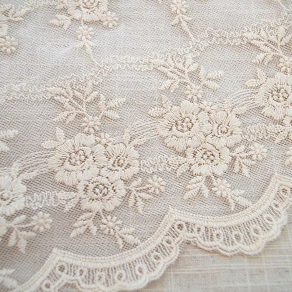 ivory embroidered mesh lace trimming, embroidery floral lace, vintage scollaped trim lace, antique gauze lace fabric, 9.4 inches wide