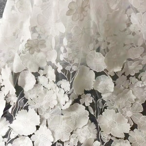 beautiful ivory white beaded lace fabric with 3D flower, bridal lace fabric by the yard image 5