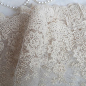 ivory cream cotton embroidered mesh lace trimming, embroidery floral lace, elegant fine wedding fabric by the yard