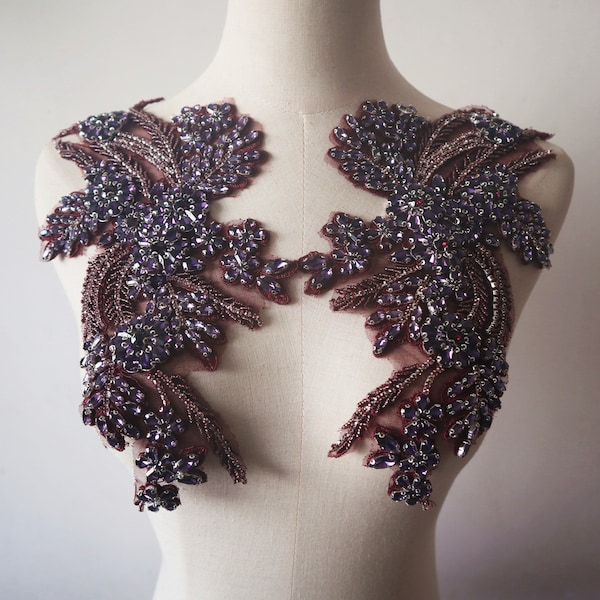 Deluxe dark purple rhinestone applique, crystal beaded lace patches for bridal headpiece shoulders sleeve collar sash bodice emblishment