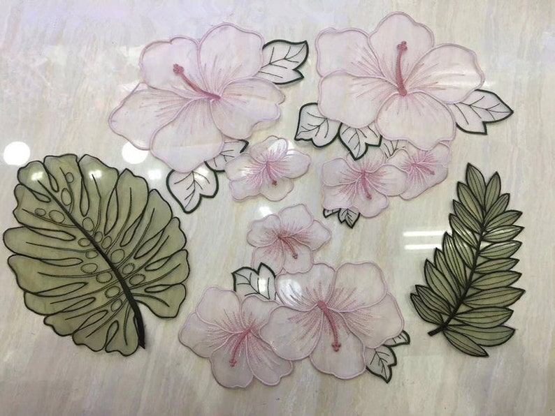 1 set multi color lace fabric appliques green leaves pink flowers embroidered bridal lace