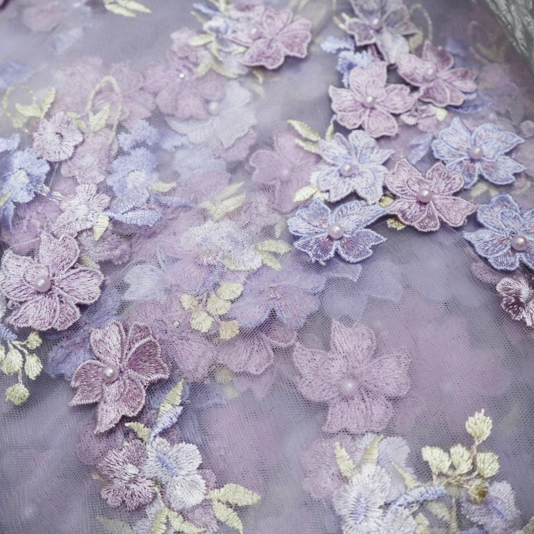 Light Purple / Pink 3D Beaded Flowers Mesh Lace Fabric, Tulle ...