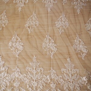 1 yard Alencon beaded Lace Fabric, Ivory cord French lace, elegant fine tulle mesh embroidered beaded bridal lace, beading lace image 2
