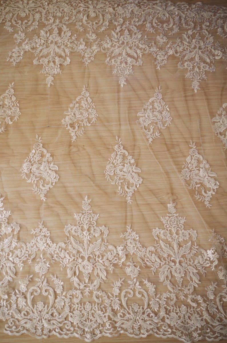 1 yard Alencon beaded Lace Fabric, Ivory cord French lace, elegant fine tulle mesh embroidered beaded bridal lace, beading lace image 2