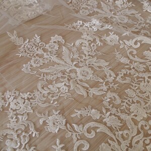 1 yard Alencon beaded Lace Fabric, Ivory cord French lace, elegant fine tulle mesh embroidered beaded bridal lace, beading lace image 3