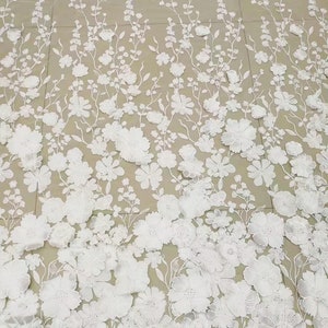 beautiful ivory white beaded lace fabric with 3D flower, bridal lace fabric by the yard off white