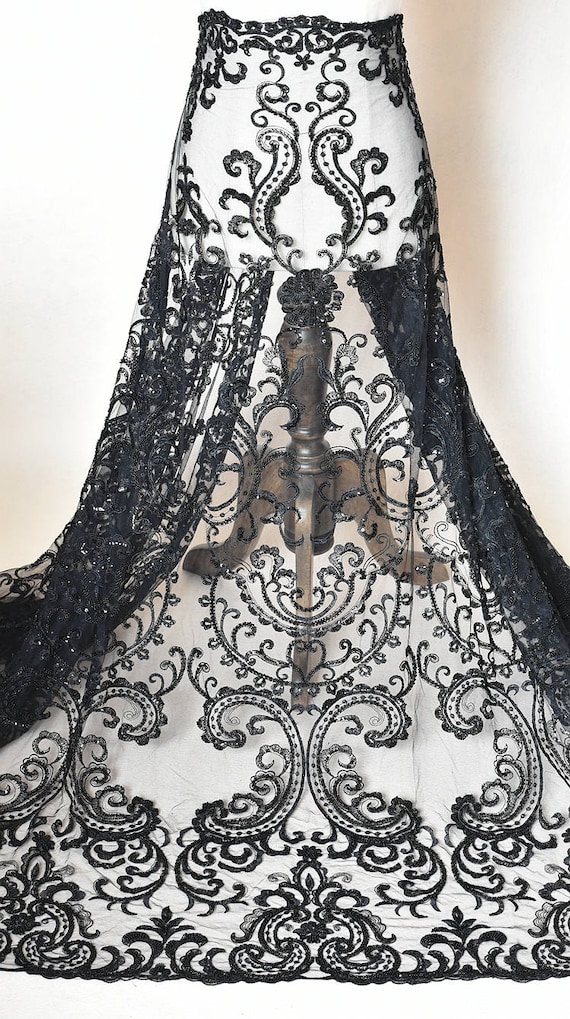 heavy beaded Lace Fabric ivory white bridal lace fabric with beading embroidery floral by the yard black lace fabric yardage