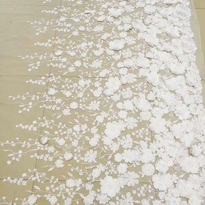 beautiful ivory white beaded lace fabric with 3D flower, bridal lace fabric by the yard image 4