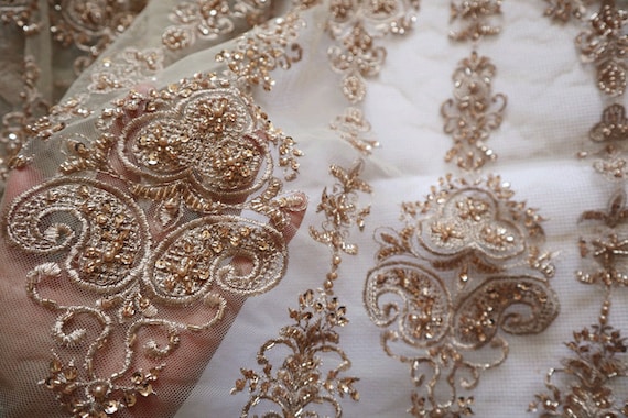 Heavy Beaded Lace Fabric Metallic Gold Beaded Embroidered French