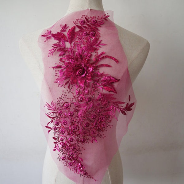 Applique 3D rose vif, patch en dentelle à paillettes fuschia floral pour GRAD Lyrical Dance Bridal Ballet Cosplay Costume Couture Vêtements Bandeau Artisanat