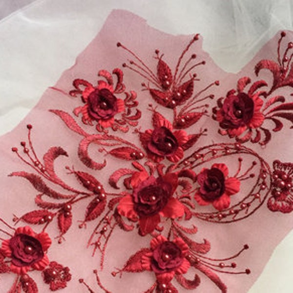 exquisite Dark Red 3D floral lace applique, Burgundy lace applique sewing supplies