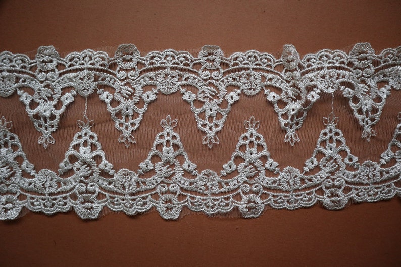Silver Embroidery Lace Trim Luxury Vintage Mesh Lace Fabrics for Bridal Wedding Gown Supplies, 1 yard image 1