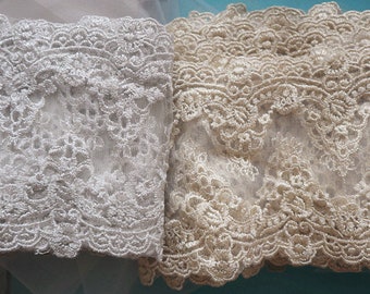 Luxury Vintage Silver/ Champagne Gold Embroidery Lace Trim Mesh Lace Fabrics for Bridal Wedding Gown Supplies 1 yard