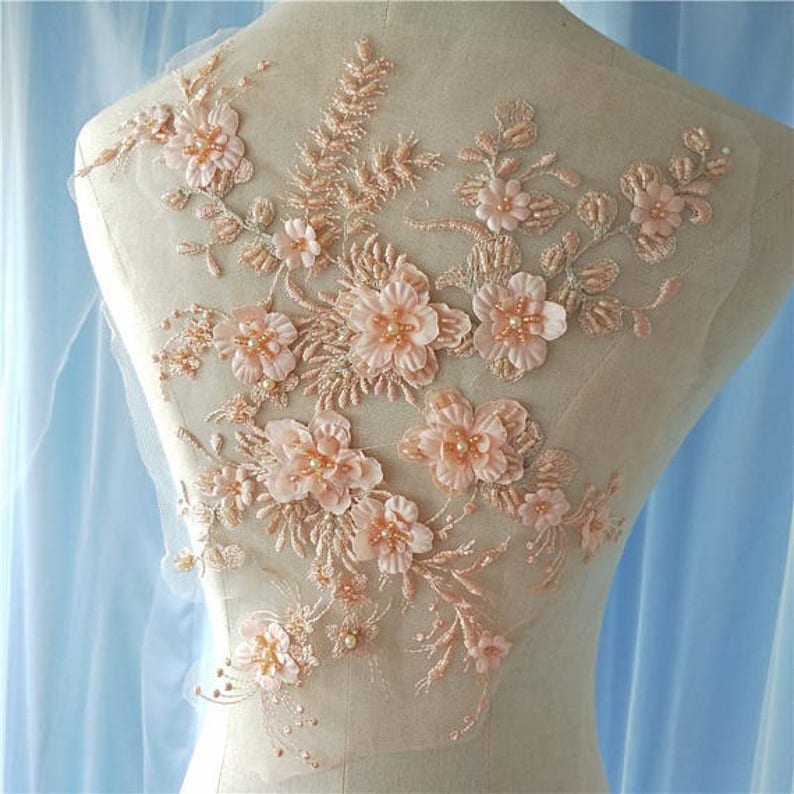 embroidered 3D flowers multi colors lace applique lace sewing supplies peach pink pear beaded 3D lace applique