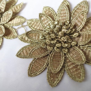 gold 3D flower guipure lace, metallic gold 3D flower lace trim, golden 3D venise lace trimming 1 yard image 5