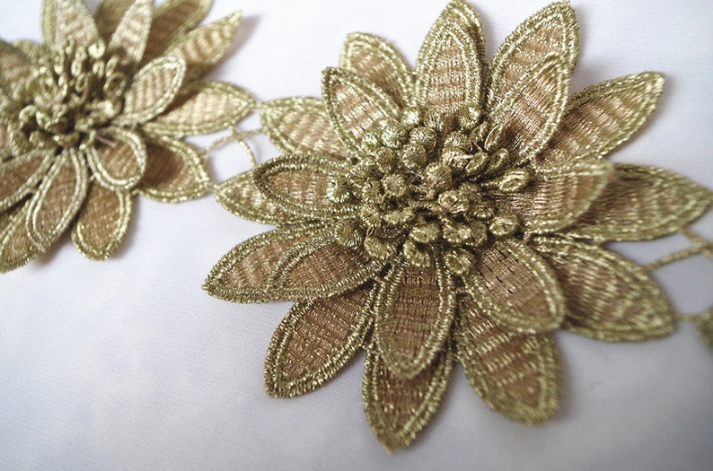 gold 3D flower guipure lace, metallic gold 3D flower lace trim, golden 3D venise lace trimming 1 yard image 5