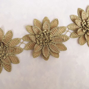 gold 3D flower guipure lace, metallic gold 3D flower lace trim, golden 3D venise lace trimming 1 yard image 2