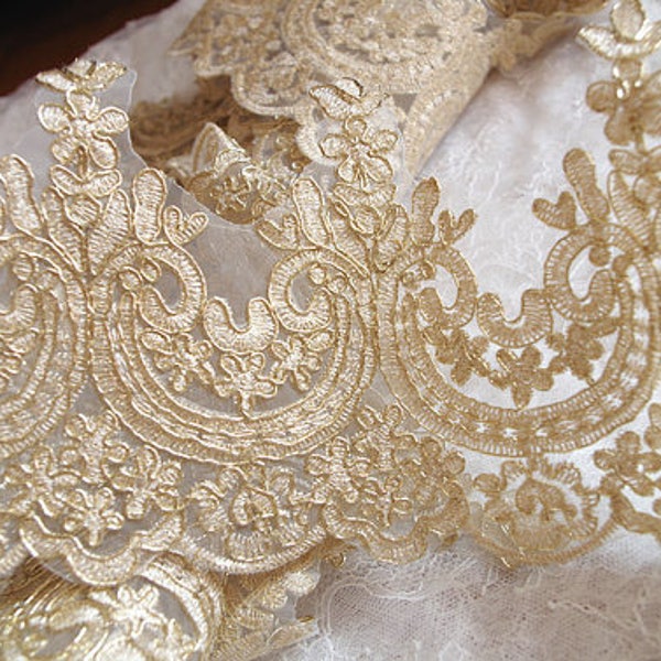 gold Alencon Cord Lace Trim, embroidery lace applique emblishment