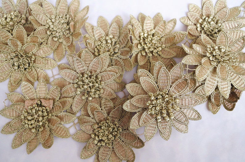 gold 3D flower guipure lace, metallic gold 3D flower lace trim, golden 3D venise lace trimming 1 yard image 4