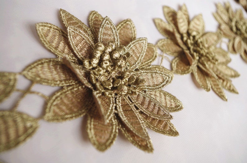 gold 3D flower guipure lace, metallic gold 3D flower lace trim, golden 3D venise lace trimming 1 yard image 3