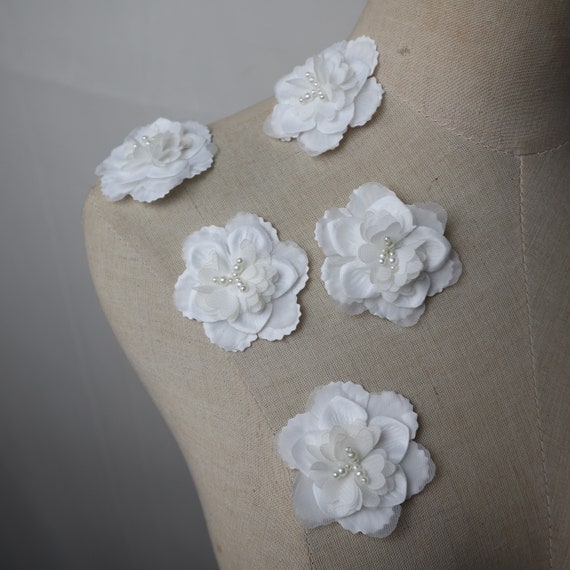 5Pcs Chiffon Fabric Artificial Flowers Head with Bead Hairpin