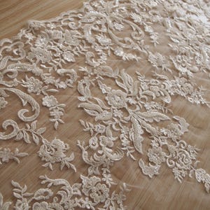 1 yard Alencon beaded Lace Fabric, Ivory cord French lace, elegant fine tulle mesh embroidered beaded bridal lace, beading lace image 4