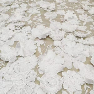 beautiful ivory white beaded lace fabric with 3D flower, bridal lace fabric by the yard image 2