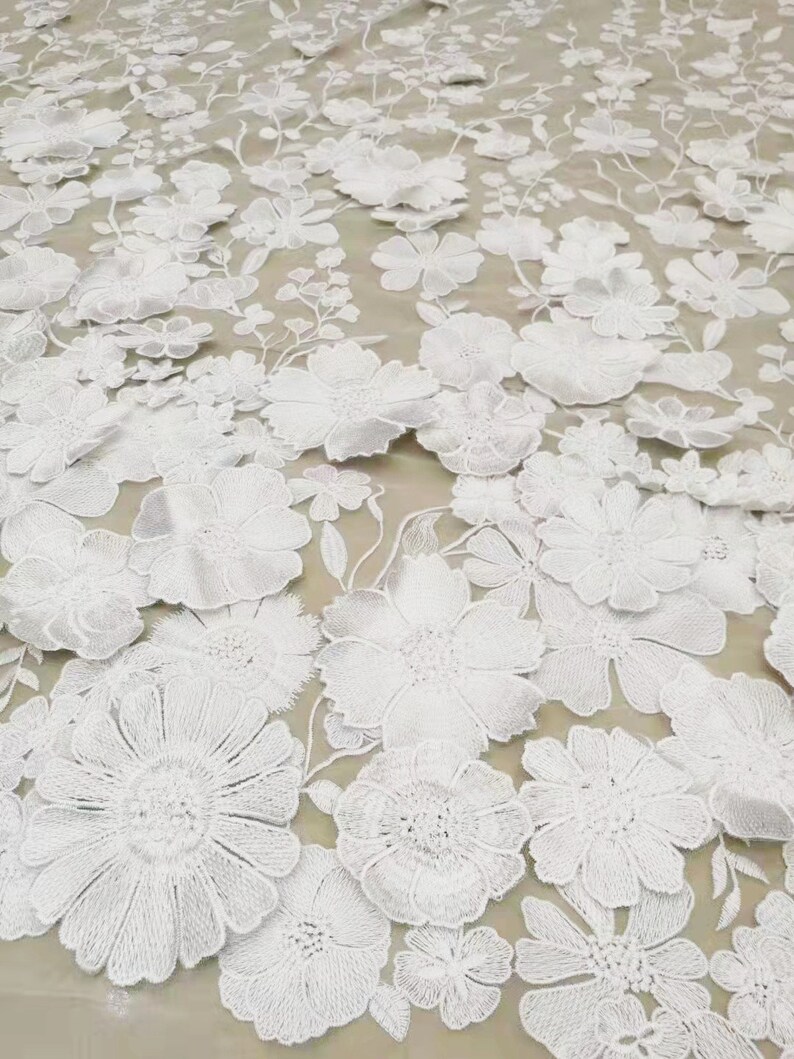 beautiful ivory white beaded lace fabric with 3D flower, bridal lace fabric by the yard image 2
