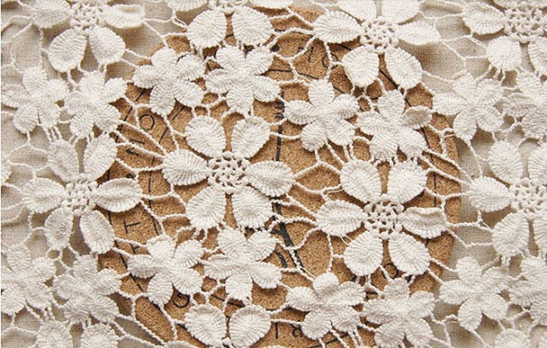 cream lace fabric with daisy flowers ivory cotton lace fabric crochet hollow out vintage lace fabric