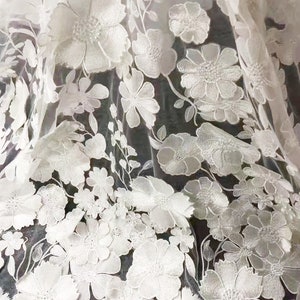 beautiful ivory white beaded lace fabric with 3D flower, bridal lace fabric by the yard image 6