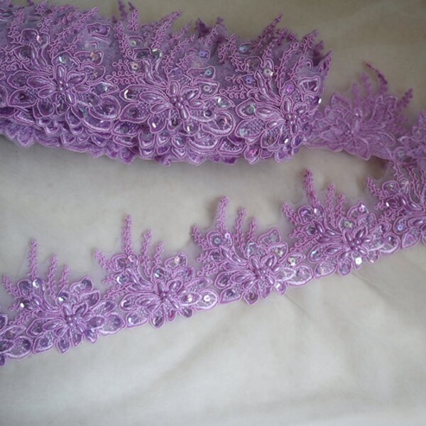 stunning purple sequins beaded lace trim, cord Alencon French embroidered bridal lace, wedding costume garment accessories