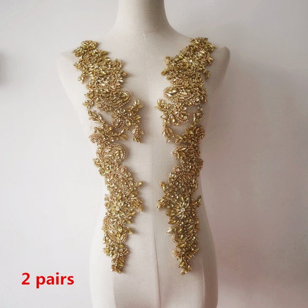 Deluxe gold rhinestone appliques, handmade lace pair appliques, crystal beaded bodice shoulders sleeve, bridal headpieces sash accessories