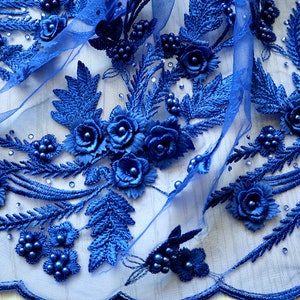 Royal Blue Beaded Lace Fabric With 3D Flowers, Gold Blue Red Ivory ...
