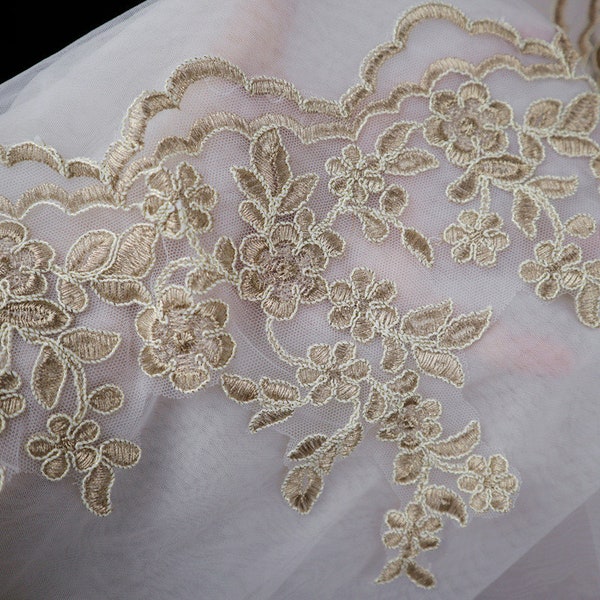 Alencon Gold Lace Trim by the yard, Champagne Gold Scalloped Lace Fabric, gold cord Lace Trimming for sewing supplies