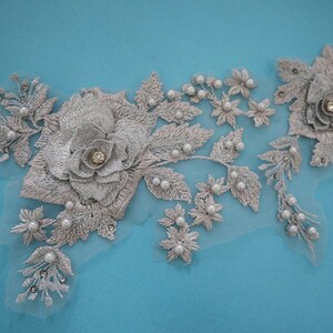 Silver 3D floral Vine Design Embroider and heavy beading on a mesh lace-sold by the yard.