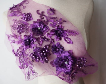 Lila 3D Blumen Perlen Spitze Applikation, 3D Blumen Spitzenstoff, Braut Spitzenstoff mit 3D Blumen für Hochzeit Haute Couture