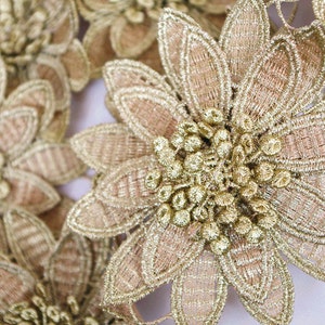 gold 3D flower guipure lace, metallic gold 3D flower lace trim, golden 3D venise lace trimming 1 yard image 1