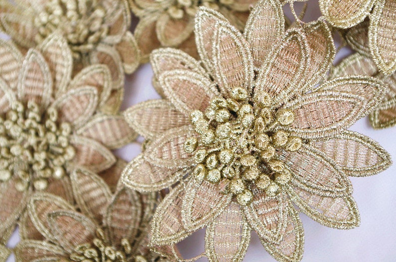 gold 3D flower guipure lace, metallic gold 3D flower lace trim, golden 3D venise lace trimming 1 yard image 1