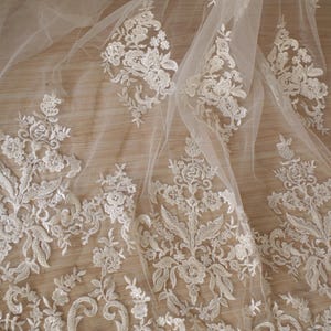 1 yard Alencon beaded Lace Fabric, Ivory cord French lace, elegant fine tulle mesh embroidered beaded bridal lace, beading lace image 1