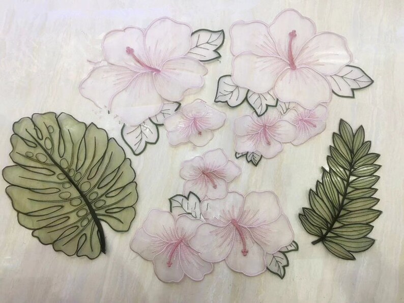 1 set multi color lace fabric appliques green leaves pink flowers embroidered bridal lace