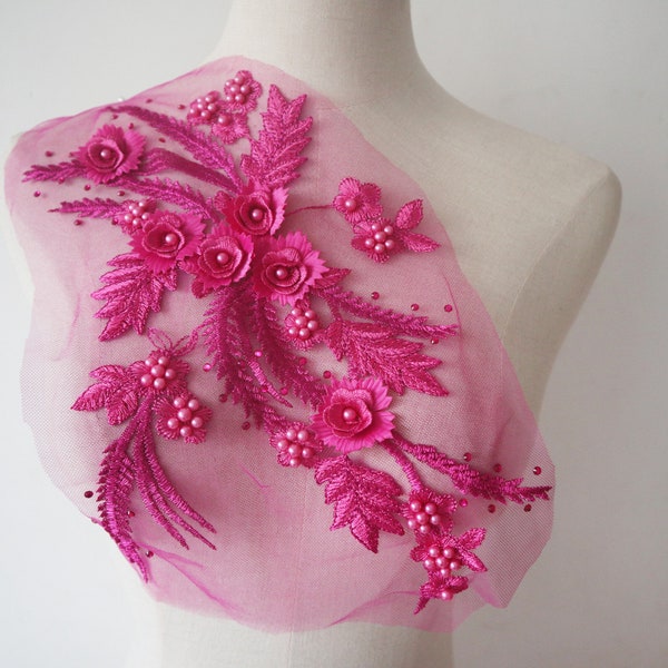 hot pink 3D beaded lace applique with embroidered 3D flowers, fushcia pink lace applique for bride wedding dress