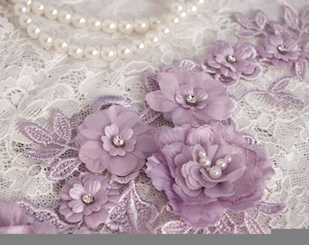 one piece 3D lace applique, 3D flowers lace applique for bride wedding dress beige ivory pink blue puple availble